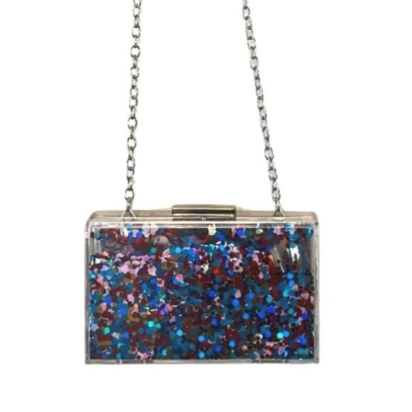 Acrylic Confetti Glitter Hard Clutch Purse Handbag chain strap clear rainbow y2k - Picture 3 of 14